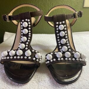 NWOT Kate Spade Brown “Looker” Linen Heels With White Beads